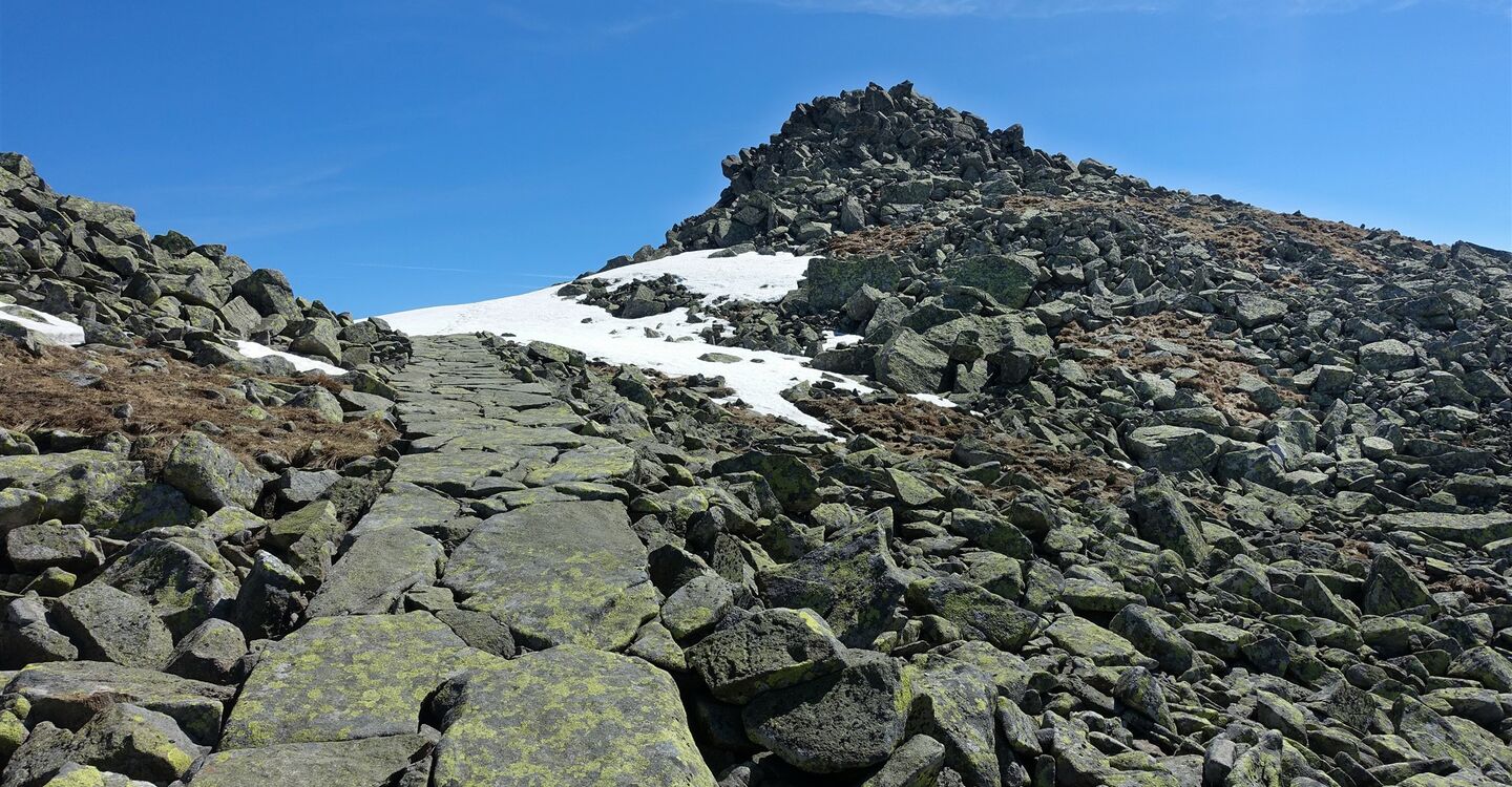 WTA 1022 3 Der mit Platten verlegte Pfad zum Gipfel des Dereše (2004 m)